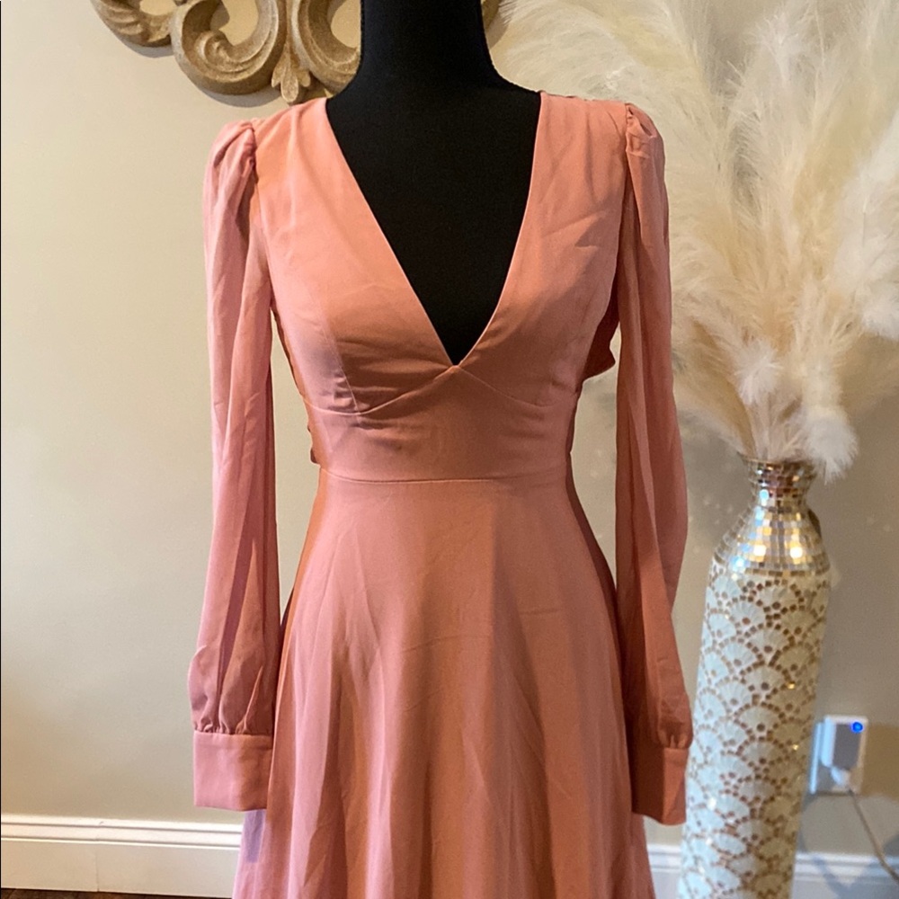 Lulu's Pink Long Sleeve V-Neck Gown - Picture 4 of 6